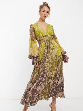 NWOT ASOS DESIGN Mixed Floral Cutout Midi Dress Blouson Sleeve Size 6